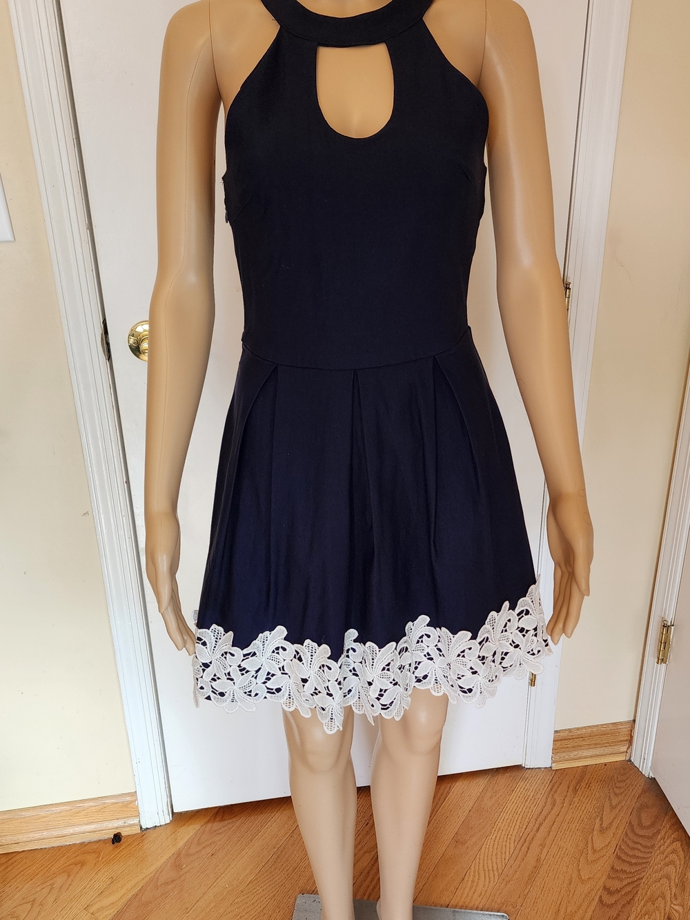 Mini Navy Blue Halter Dress with White Lace Hem